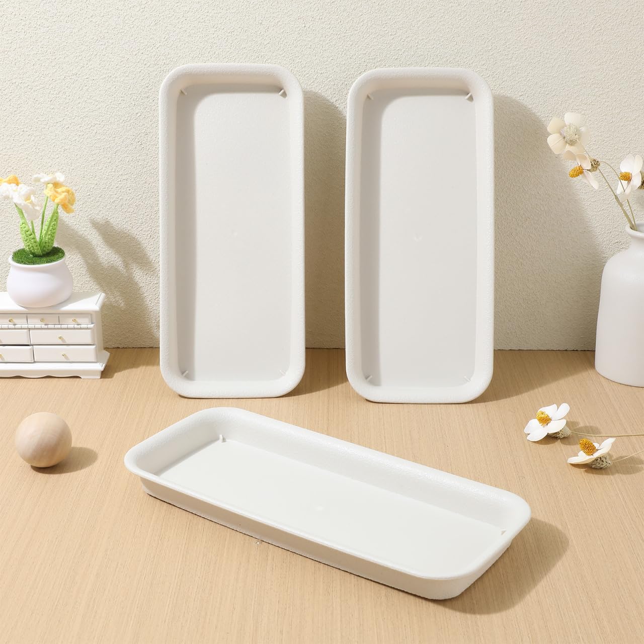 Alasum 5-Pack Beige Rectangular Plant Drip Trays - Durable Plastic Flower Pot Saucers for Windowsill Bonsai and Potted Plants - Water-Saving and Breathable Drainage Catch Trays for Indoor and Outdoor