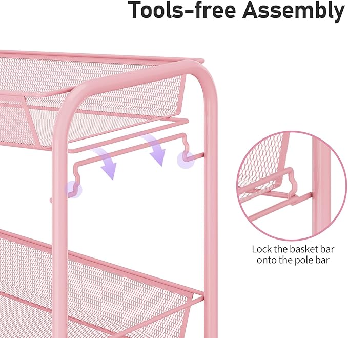 TOOLF 3 Tier Rolling Cart Pink