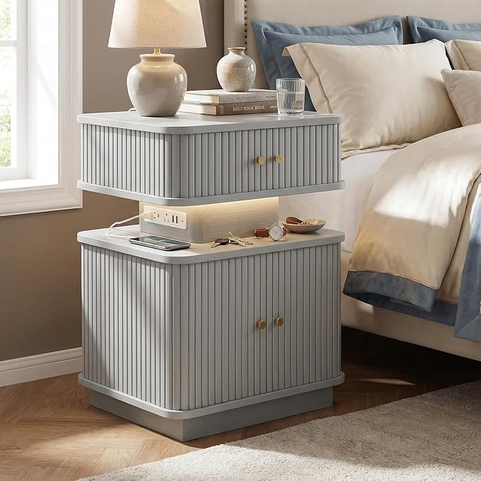 Nightstands Set of 2 with Charging Station, Modern Night Stands Set 2 with