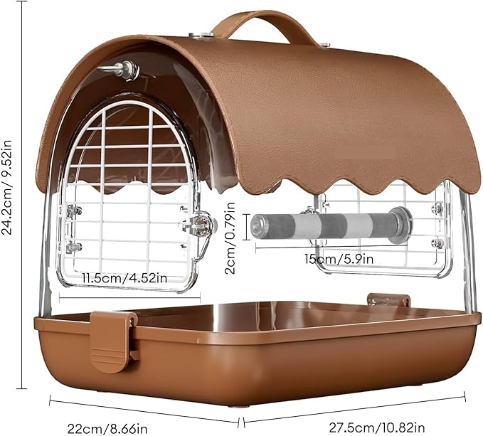 Birdcage Bird Carrier Backpack with Perch, Transparent Travel Bird Cage Bag with Shade Cover Visible Window for Parrots Budgie Bird Flight Cage(Brown)