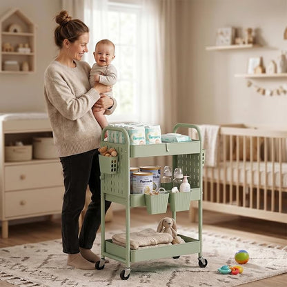 danpinera 3 Tier Rolling Cart with Retractable Dividers, Multi-Functional White Rolling Utility Cart with Pegboards, Hooks & Hanging Cups for Nursery, Living Room, Studio