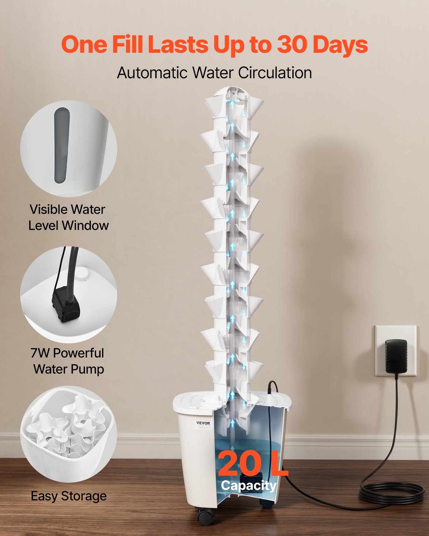 VEVOR Hydroponic Tower, 50 Pods 10 Tiers Hydroponics Growing System Kit with App Control & Casters, Vertical Home Garden with 20L Water Tank & Pump, Planter for Indoor Herbs, Fruits and Vegetables