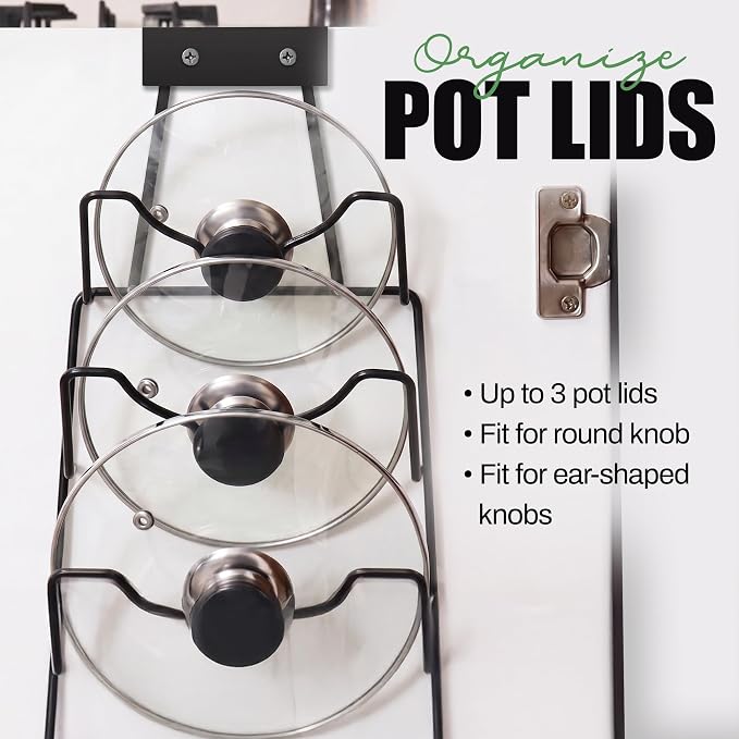 Evelots 2-in-1 Pot Lid Organizer with Towel Holder - 2 Pack, 3-Tier Cabinet Door Rack - Space-Saving Kitchen Organizer for Glass or Metal Pan Lids & Towels - Over the Door Design - Black