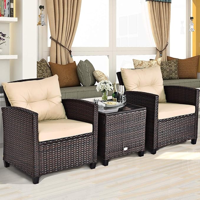 COSTWAY 3PCS Patio Furniture Set, PE Rattan Wicker Sofa w/Washable Cushion and