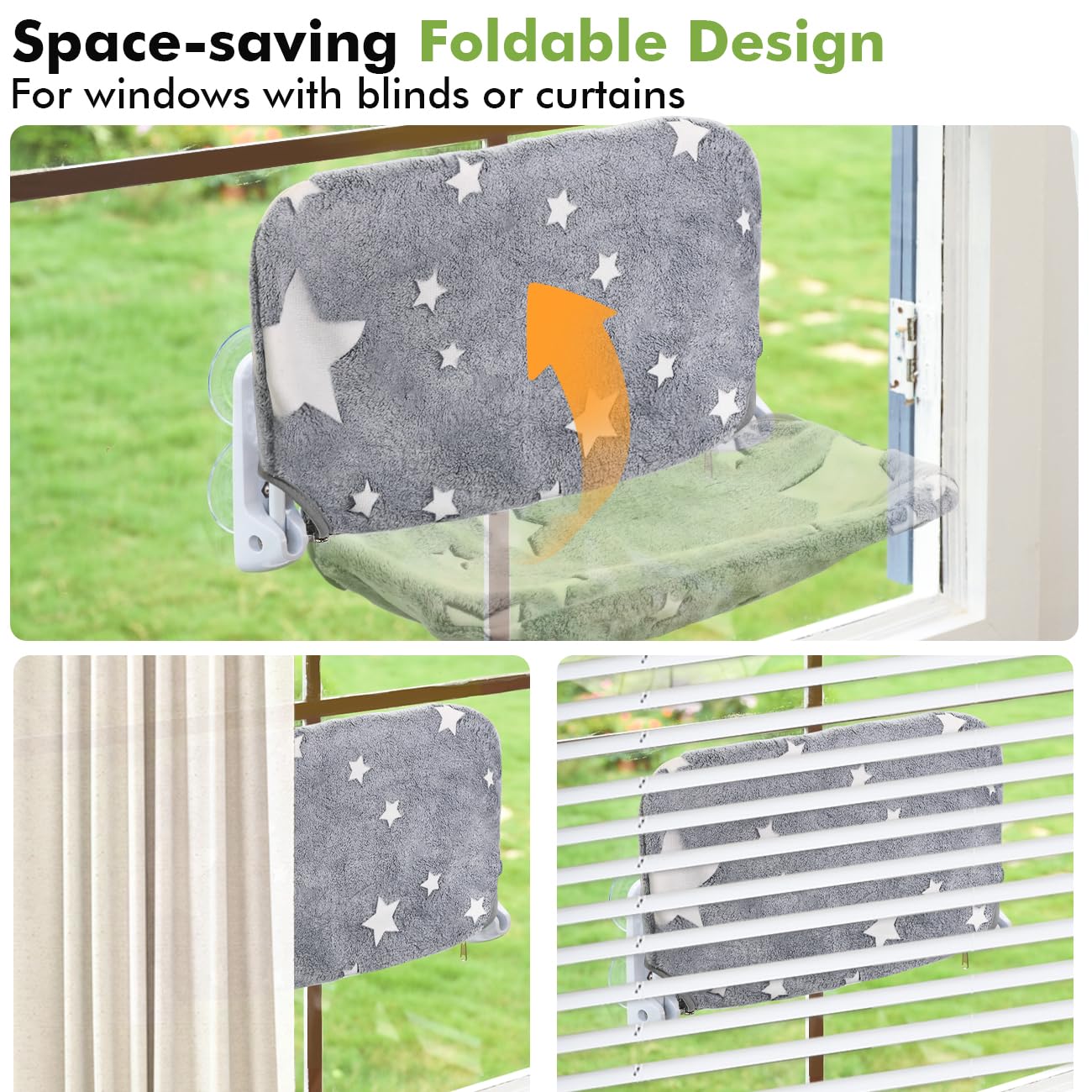Zoratoo Cat Window Perch, Glow in The Dark Cordless Foldable Pet Hammock Bed for Window with Sturdy Metal Frame, Glowing Stars Pattern Resting Seat for Indoor Cats (Stars - M)