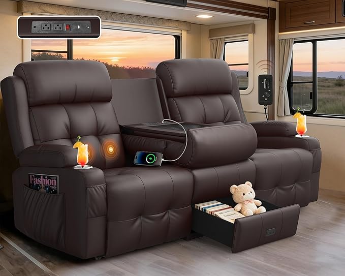 RV Loveseat Recliner Sofa, Built-in Power Strip, Massage Wall Hugger 3-Seater