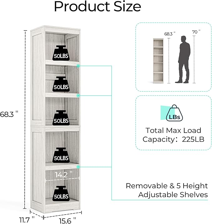 LINSY HOME 5-Shelf Bookcase, Narrow Bookshelves Floor Standing Display Storage