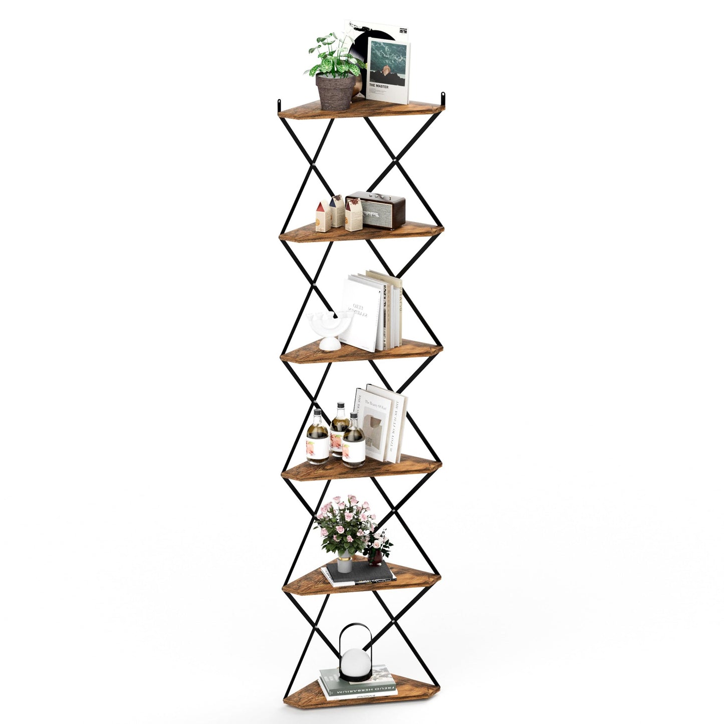 IRCPEN 6 Tier Wall Mounted Corner Shelf Stand, Industrial Corner Bookshelf with X Metal Frame, Tall Standing Shelf Organizer, Bookcase, Plant Stand for Living Room, Bedroom Rustic Brown CS-006RB