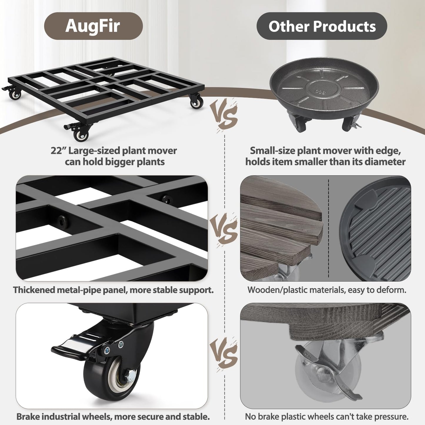 AugFir 22" Plant Caddy with Wheels Heavy Duty, 600lbs Rolling Metal Plant Stand, Square Plant Dolly with Lockable Caster Wheels for Large Planter Pots, Heavy Objects, Ideal for Indoor and Outdoor Use