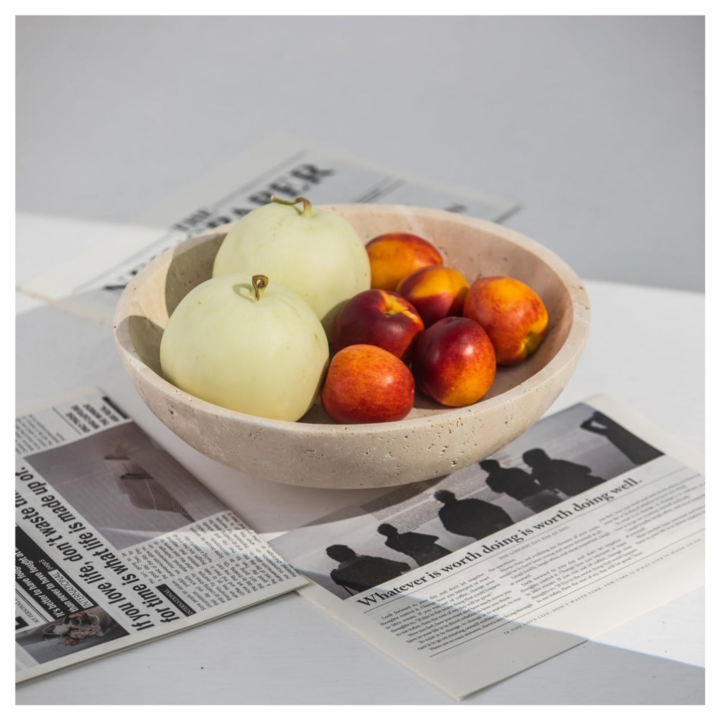 Natural Travertine Fruit Bowl for Kitchen Counter11.8",Large Decorative Bowl & Travertine Bowl Pedestalfor Kitchen Counter & Dining Table ,For Entryway, KitchenFruit Bowl, Dining Table Centerpiece.