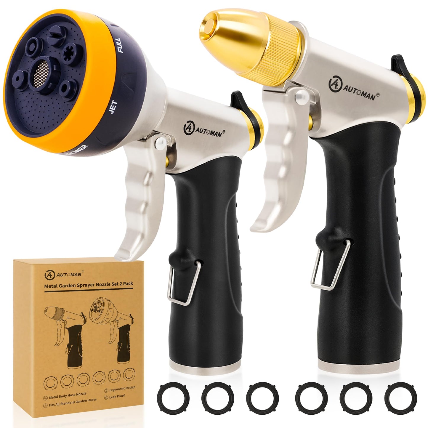 AUTOMAN Garden Hose Nozzles - High Pressure 100% Metal Hose Sprayer 2 Pack, Heavy Duty Garden Watering Nozzle Set, Powerful Garden Nozzle for Watering Plants, Window Cleaning,Washing Cars,Pets Bathing