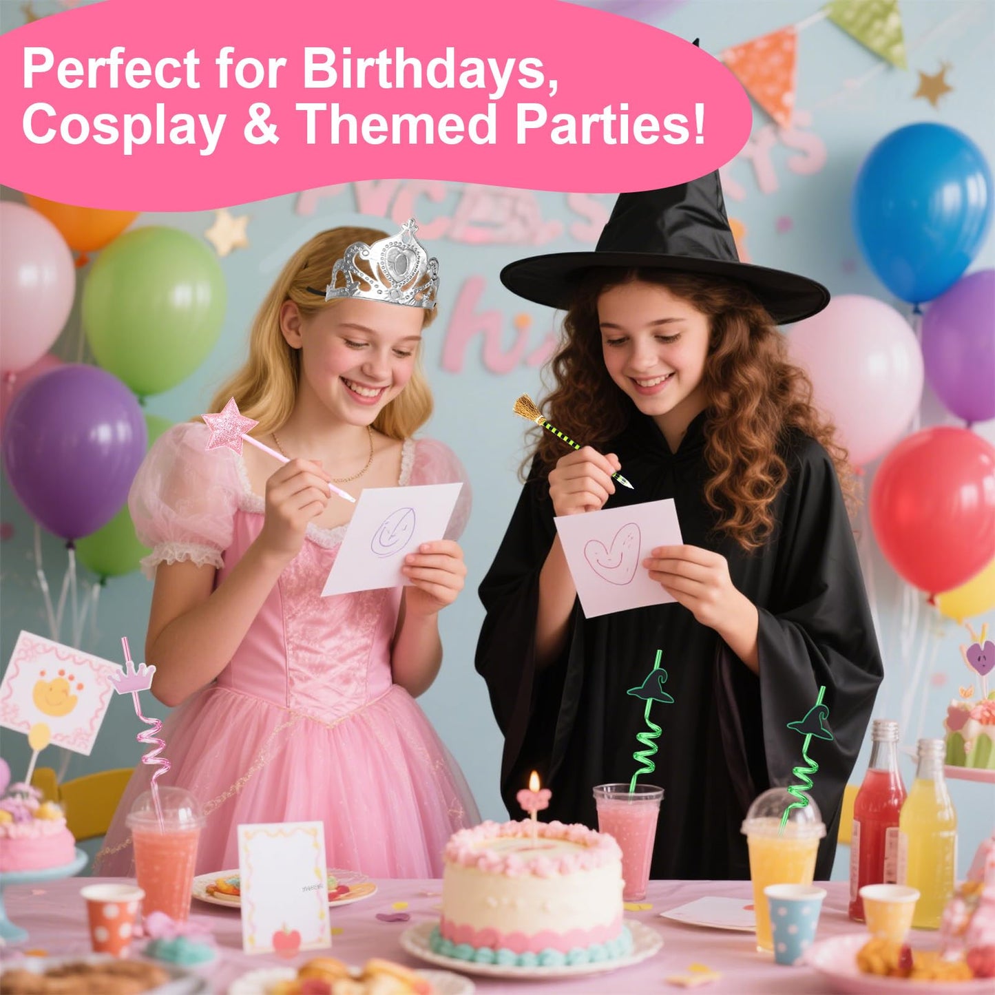 36PCS Witch Party Decorations Pink and Green Party Decorations Princess and Witch Party Favors Include Witch Hats Crowns Star Pens Broom Pencils Drinking Straws Wizard Hats for Witch Birthday Decor