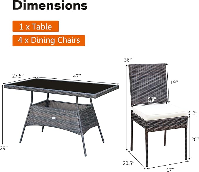 Tangkula 5 Piece Patio Wicker Dining Set, Outdoor Rattan Table and Chairs