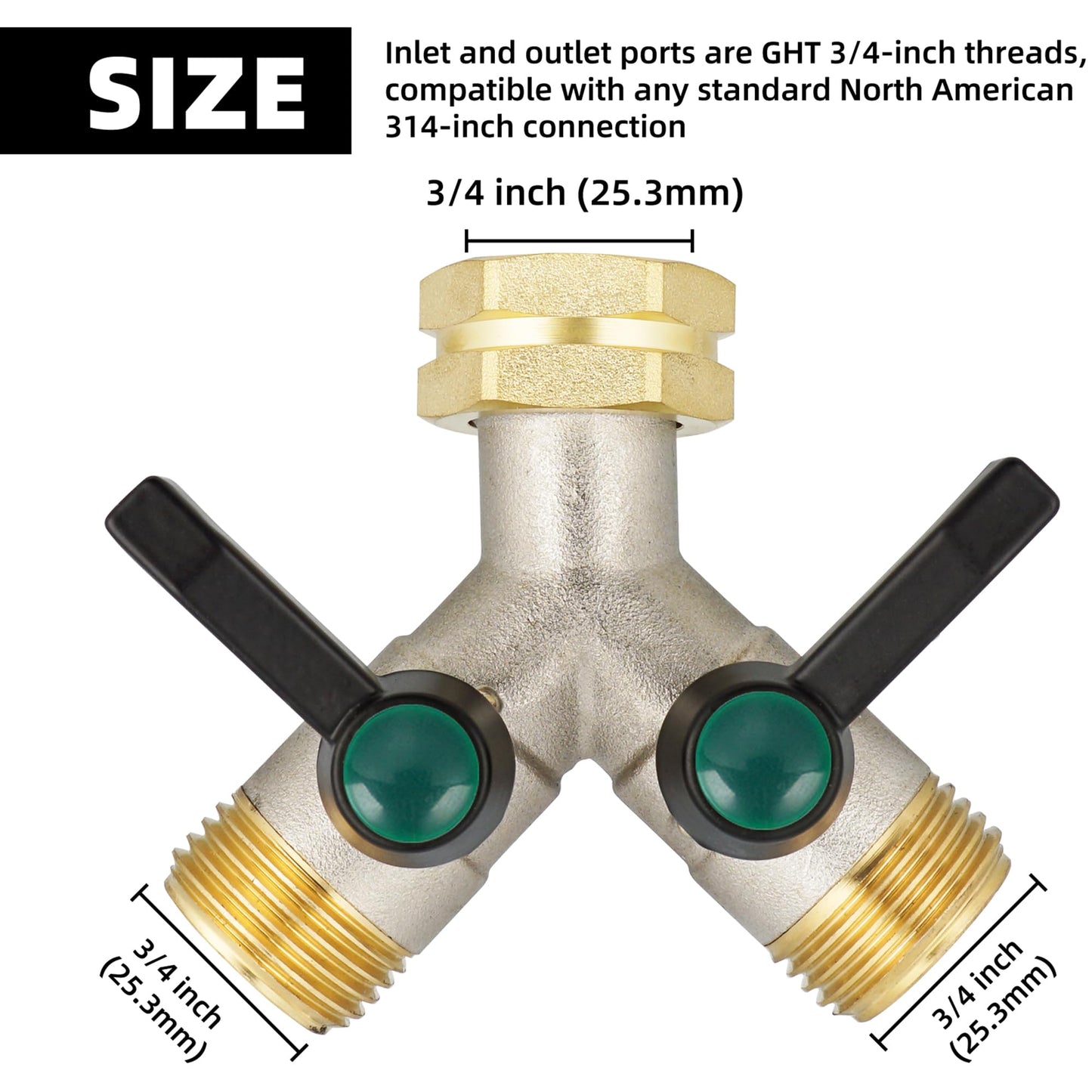 DINGBAI Hose Splitter 2 Way Heavy Duty, Brass Garden Hose Splitter, Faucet 2 Way hose connector, long handle 2 Way Splitter, Outdoor Faucet Splitters, Y Valve 3/4" GHT Thread.