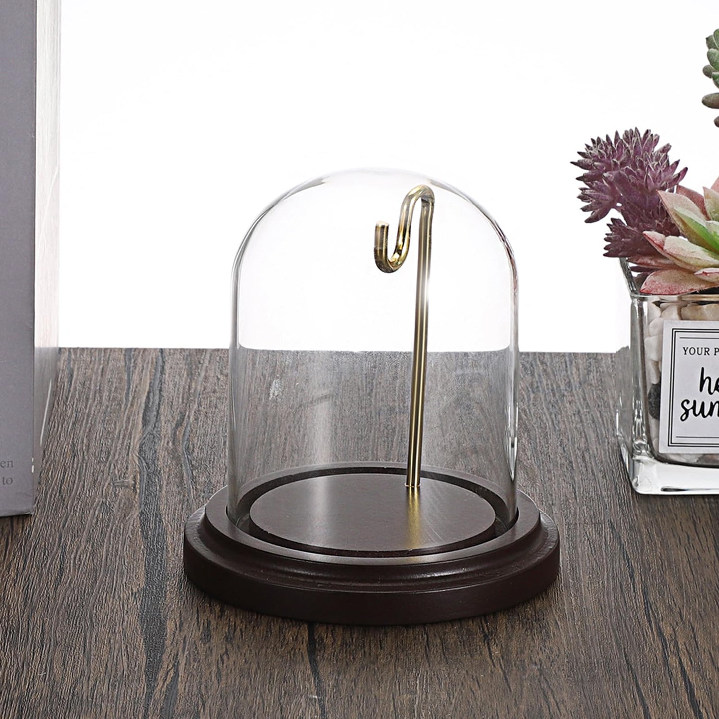 JUXYES 2 Pack Clear Watch Glass Display Dome Cloche With Hook, Dome Cloche with Hook with Wooden Base, Glass Dome Cloche Bell Terrarium Jar Cloche Bell Jar Display for Watch Ornaments