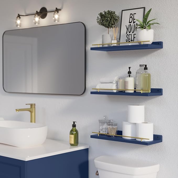 WOPITUES Floating Shelves with Gold Metal Guardrail, Shelves