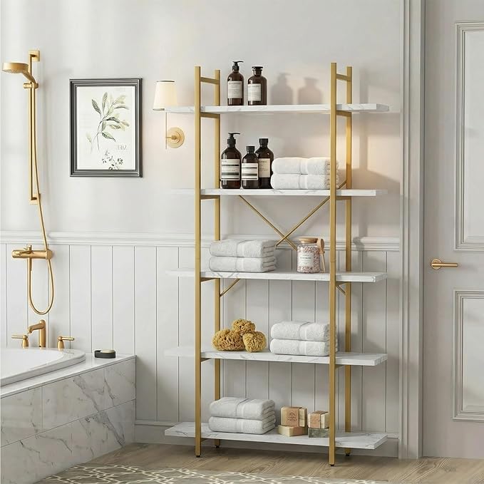 5 Tiers Bookshelf Organizer White Faux Marble Shelf, Modern Open Display