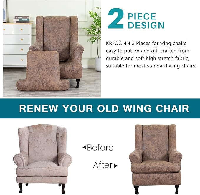 KRFOONN Wing Chair Slipcovers 2 Piece Stretch Leather Look Wingback Chair