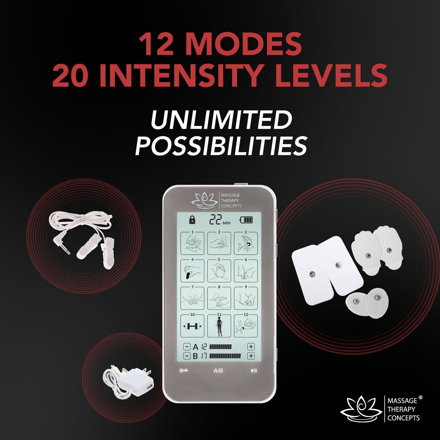 Massage Therapy Concepts TENS Unit Muscle Stimulator - Non-Invasive EMS Therapy Machine for Neck, Shoulder & Back Pain Relief, Sciatica, Arthritis - Safe & Portable with 12 Modes & 20 Intensity Levels