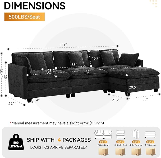 111'' Sectional Cloud Deep Seat Couch, Modern Comfy Chenille L Shaped Sectional