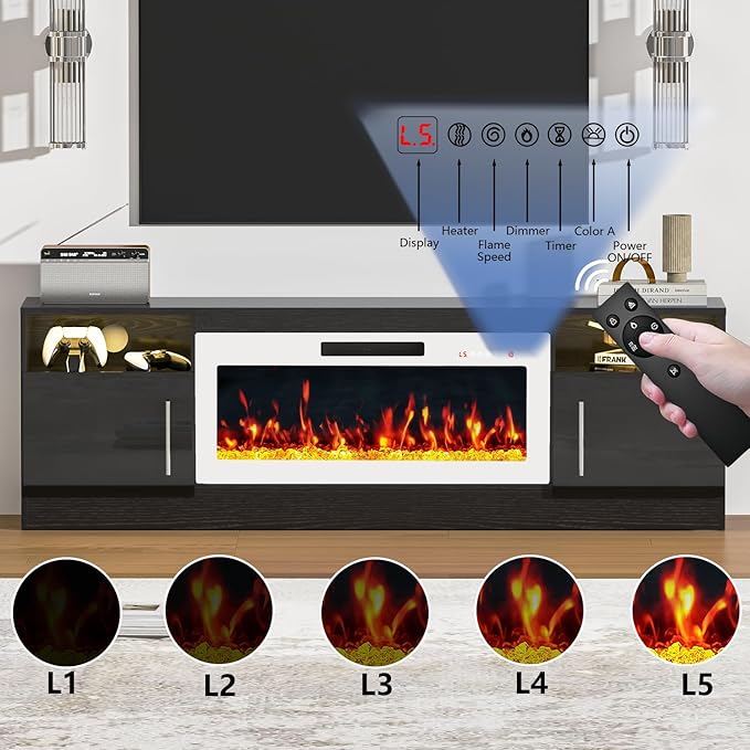 PRETZI Fireplace TV Stand with 36" Fireplace Up to 80" TVs, Remote Control