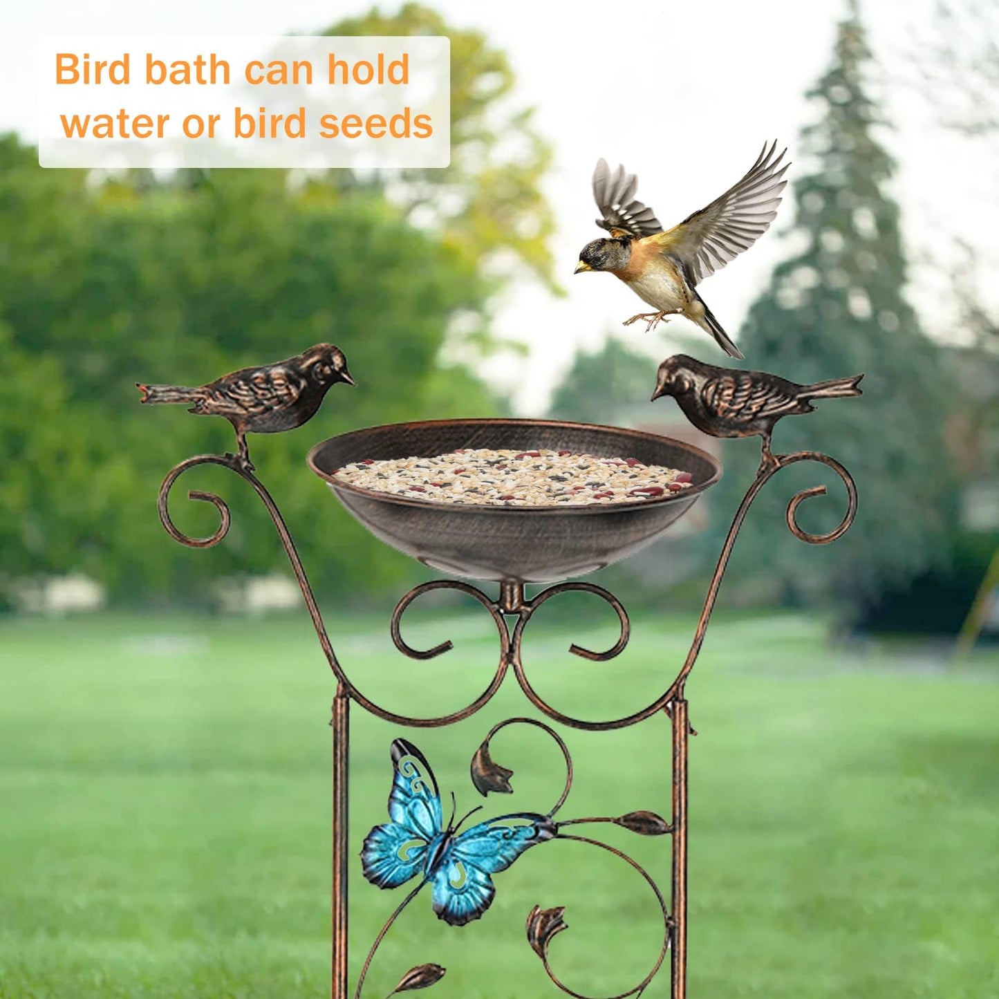 Garden Trellis Bird Bath Outdoor, 43.5 Inch Antique Iron Garden Plant Trellis Decorative with Butterflies and Detachable Drinking Basin Bowl, Free Standing BirdBath Birdfeeder Station