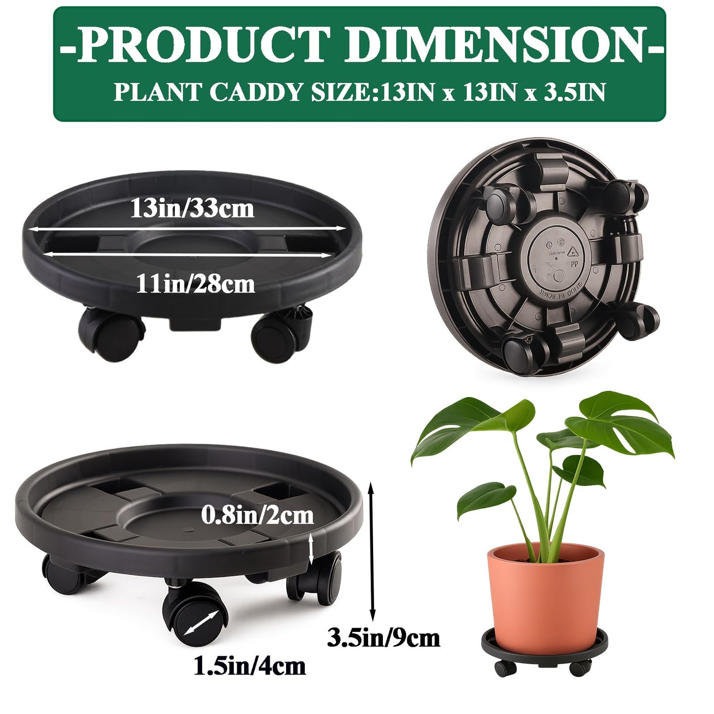Tulpeed Rolling Plant Stand with Wheels 5 Pack 13 Inch Plant Caddy with Wheels Heavy Duty Plant Dolly Roller Base with Wheels Round Flower Pot Rack Holder Planter Trolley Tray, Black