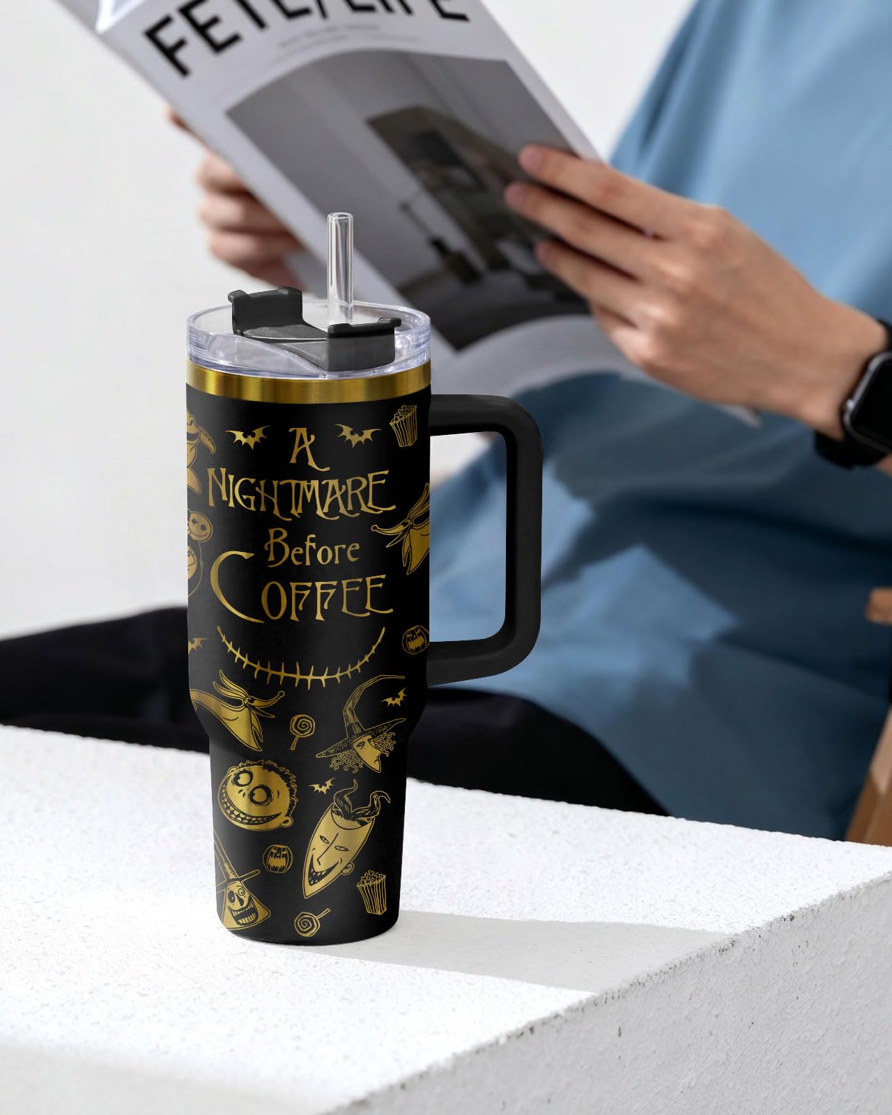 34HD Nightmare Before Coffee Tumbler 40oz with Handle and Straw, Laser Engraved Skeleton Insulated Travel Coffee Cup - Cartoon Character Gifts on Birthday for Cafe Lovers, Men & Women