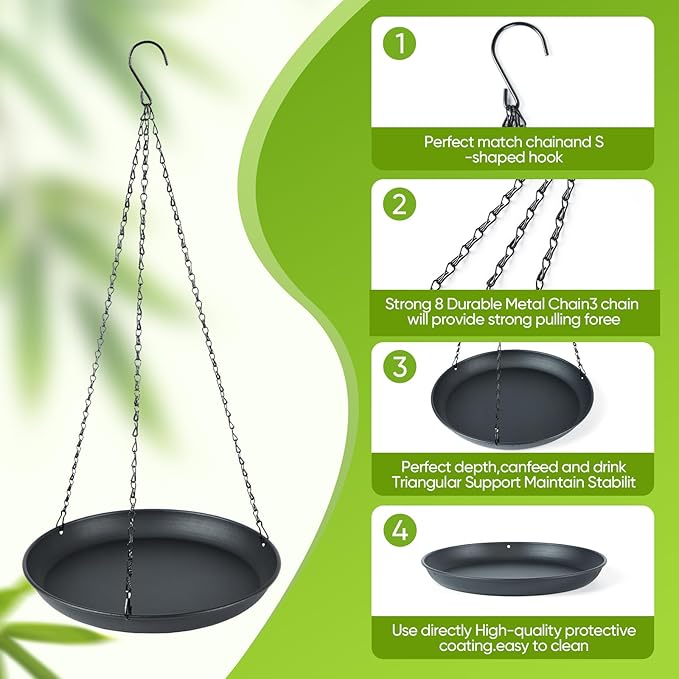 2-Pack Hanging Bird Bath, Outdoor Metal Birdbath with Shallow Feeder Bowl for Wild Birds, Garden, Patio, Deck & Yard, 2 Size (9.8"/11.8" Diameter) (11.8IN-2PACK)