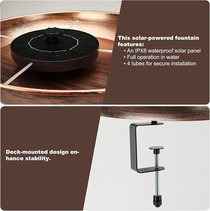 Edenseelake Deck Mounted Metal Bird Bath with Solar Powered Fountain for Outside, Detachable Birdbaths Bowl with Adjustable Steel Clamp for Feeder Railing Balcony Fence Yard