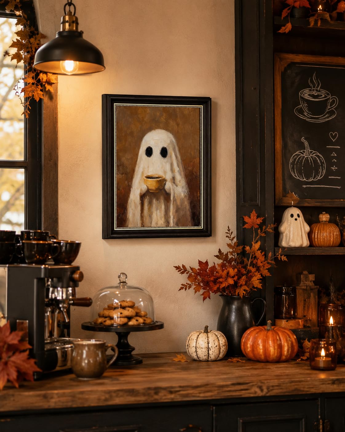 Ghost Kitchen Wall Art 9x11 Dark Brown Framed Canvas Print Cute Ghost Drinking Coffee Picture Dark Academia Coffee Bar Decor for Halloween Fall