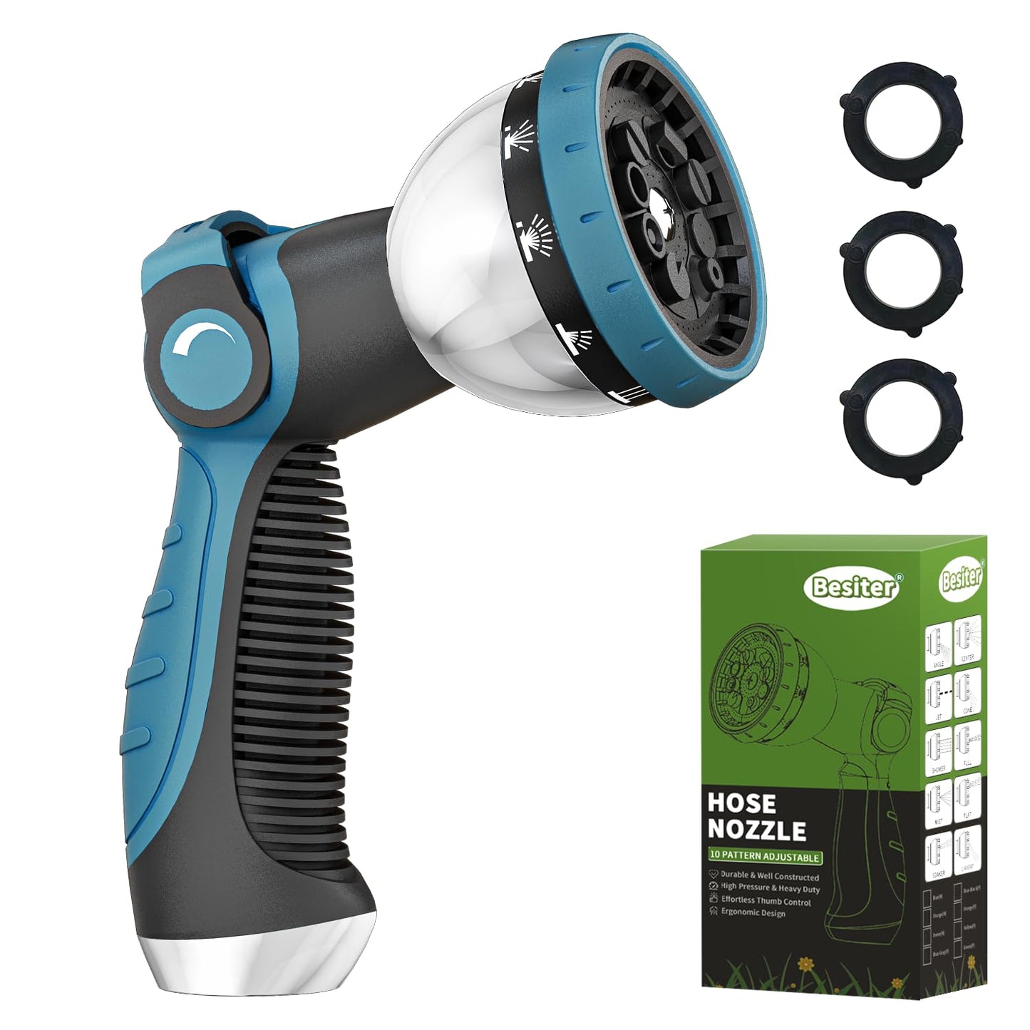 Besiter Garden Hose Nozzle, Hose Sprayer Nozzle with 10 Spray Patterns, Thumb Control On Off Valve, High Pressure Metal Water Hose Nozzle for Car Wash, Plants, Pets & Outdoor Cleaning, Blue