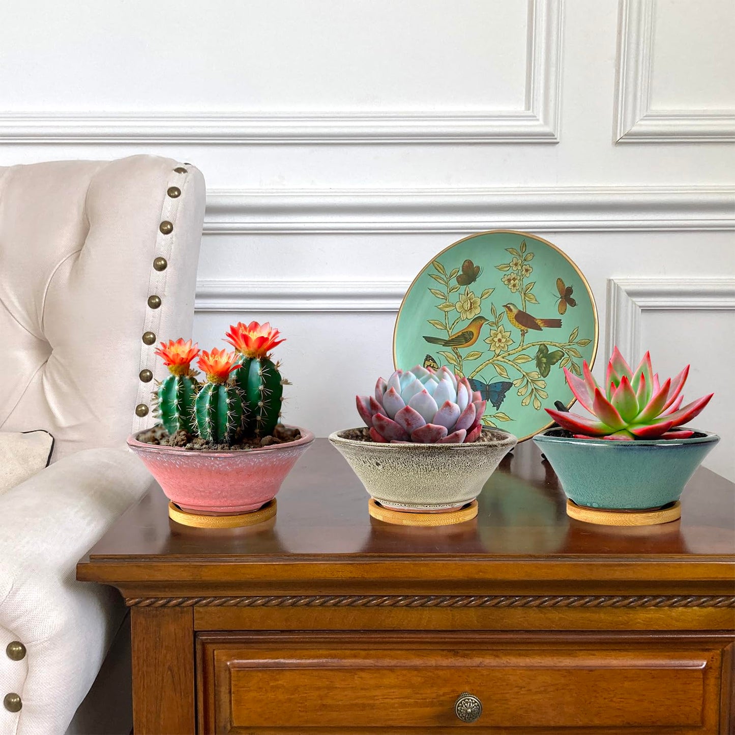 Summer Impressions 6 Inch Glazed Terracotta Succulent Pot Planter Small Plant Pot with Drainage Hole and Bamboo Saucer Cactus Ceramic Pot Set of 3 (Light Green Pink White)