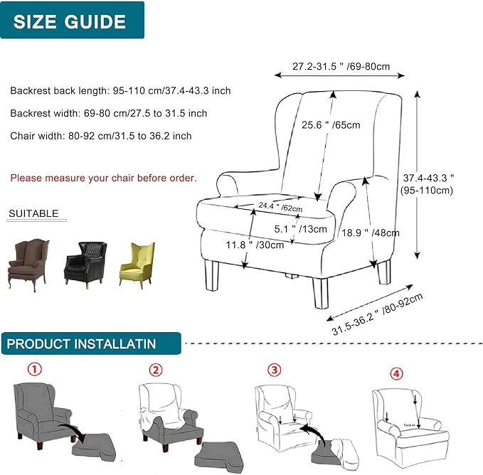 KRFOONN Wingback Chair Cover 2 Piece Stretch Wing Chair Covers Spandex