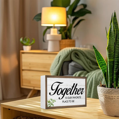 Together is Our Favorite Place Wooden Box Sign Desk Decor,Family Quotes Wooden Block Plaque Sign for Home Farmhouse Living Room Bedroom Shelf Table Wall Decor