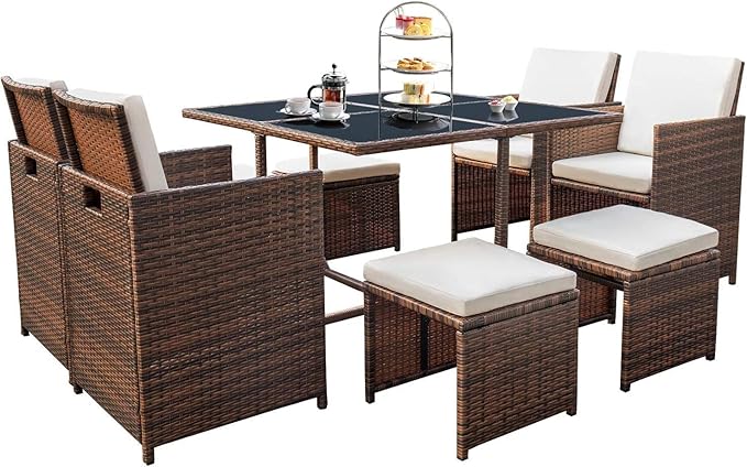 Devoko 9 Pieces Patio Dining Sets Outdoor Space Saving Rattan Chairs