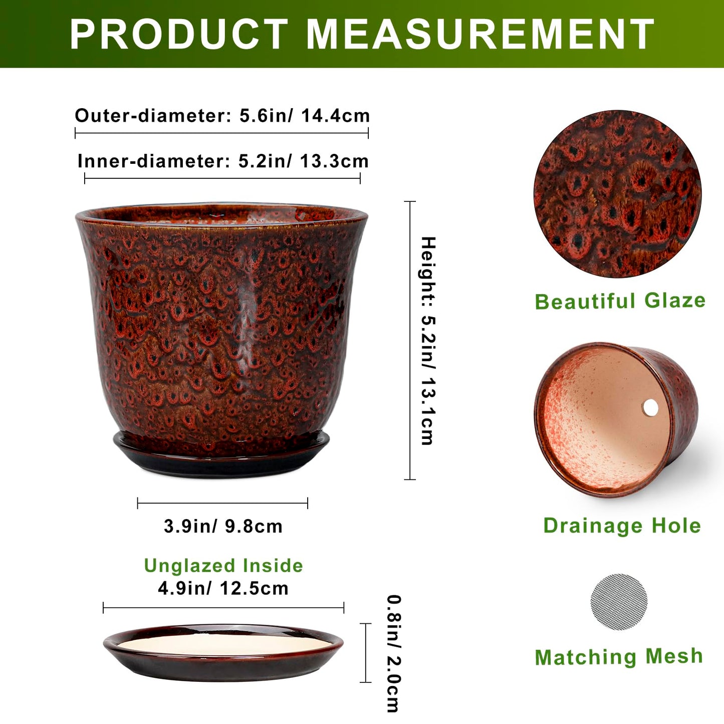 SUNPOTFOR Ceramic Plant Pots - 5.6 Inch Plant Pot Indoor Outdoor, Small Planter with Drainage Hole and Saucer, Round Planter, Orchid Succulent Pots, Garden Room Decor, Gardening Gifts for Women, Red
