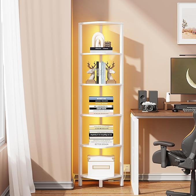 TUTOTAK Corner Shelf with LED Light, 6-Tier Corner Bookshelf