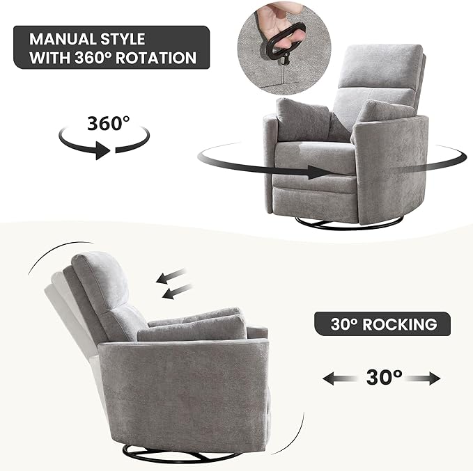Manual Recliner 360°Swivel Glider Rocking Chair, Upholstered Nursery Adult
