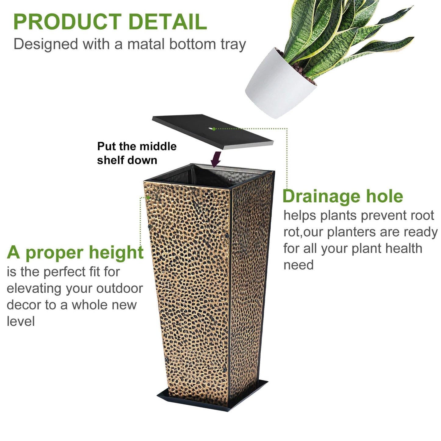 BAYN 2-Pack 24" Tall Metal Planter – Hand-Hammered Textured Large Copper Flower Pots Box with Saucer for Outdoor&Indoor, Garden, Porch, Patio, Yard with Pre-Drilled Drainage Holes