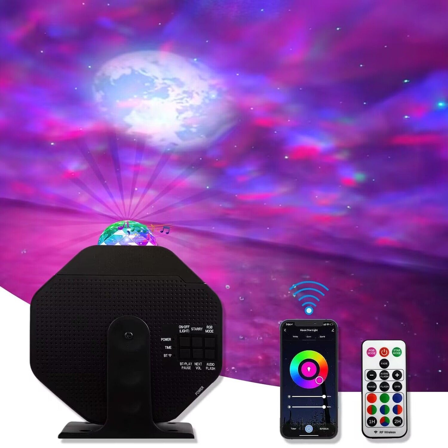 FARSAIL Galaxy Star Projector Night Light with Bluetooth Speaker and Voice Control for Bedroom, 5 Customized Patterns for Different Festivals - Moon, Birthday, Christmas, Halloween, Valentine's Day