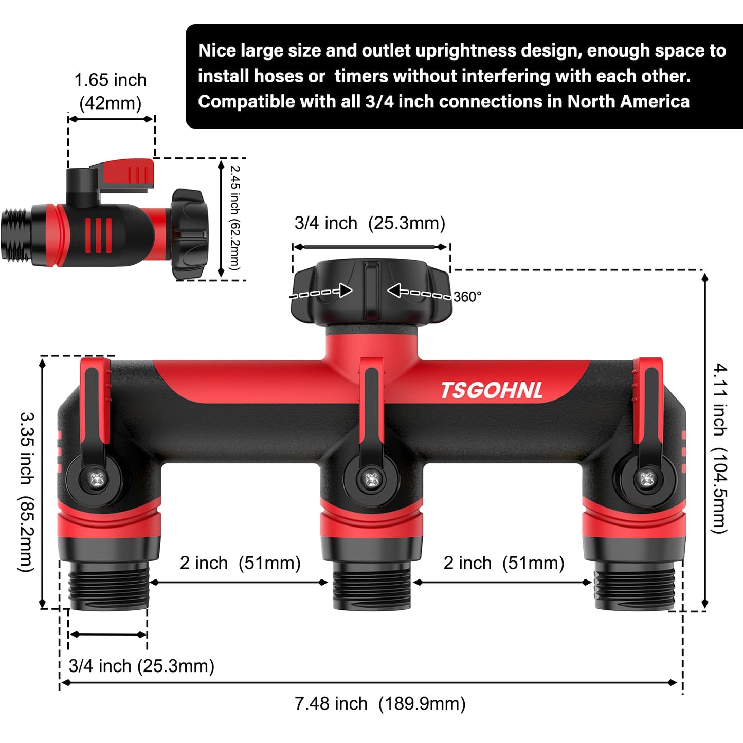 3/4-Inch Garden Hose Splitter, Outdoor Faucet Adapter, Patio Hydrant Manifold - Designed for Multiple Irrigation System Sprinkler Timers, 3-Way Hose Bib Valve-red
