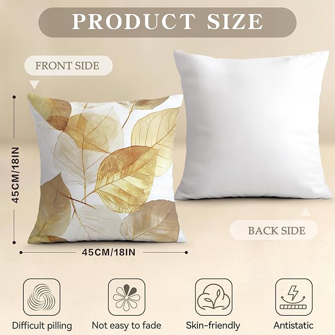 OBSEDE Golden Leaf Illustration Decorative Throw Pillow Covers 18 × 18 in