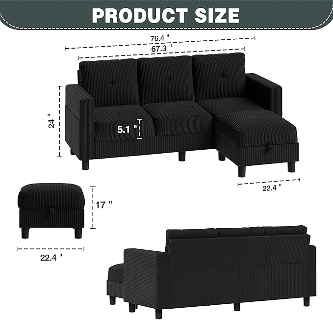SUNLEI Convertible Sectional Couch Sofa