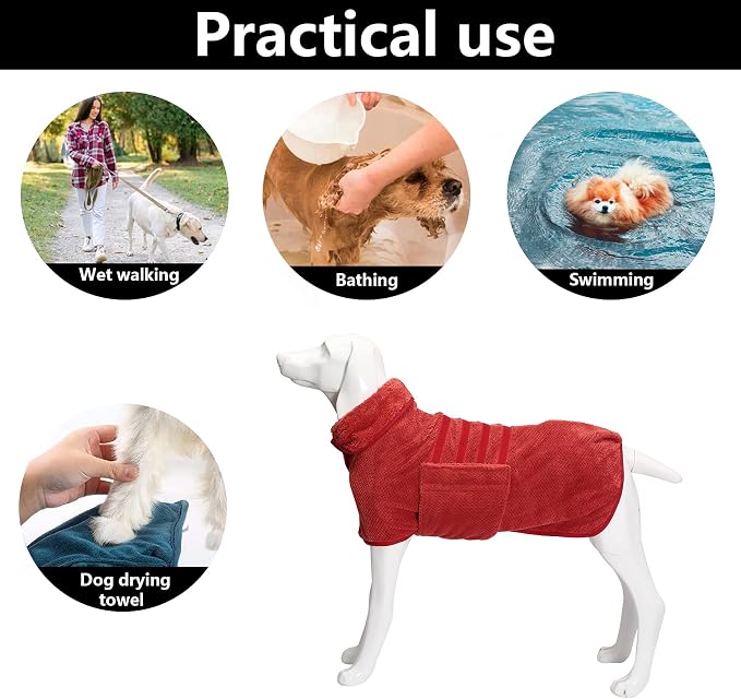 Geyecete Dog Drying Coat - Pineapple Grid Fast Drying Super Absorbent Pet Cat Bath Robe Towel - Red