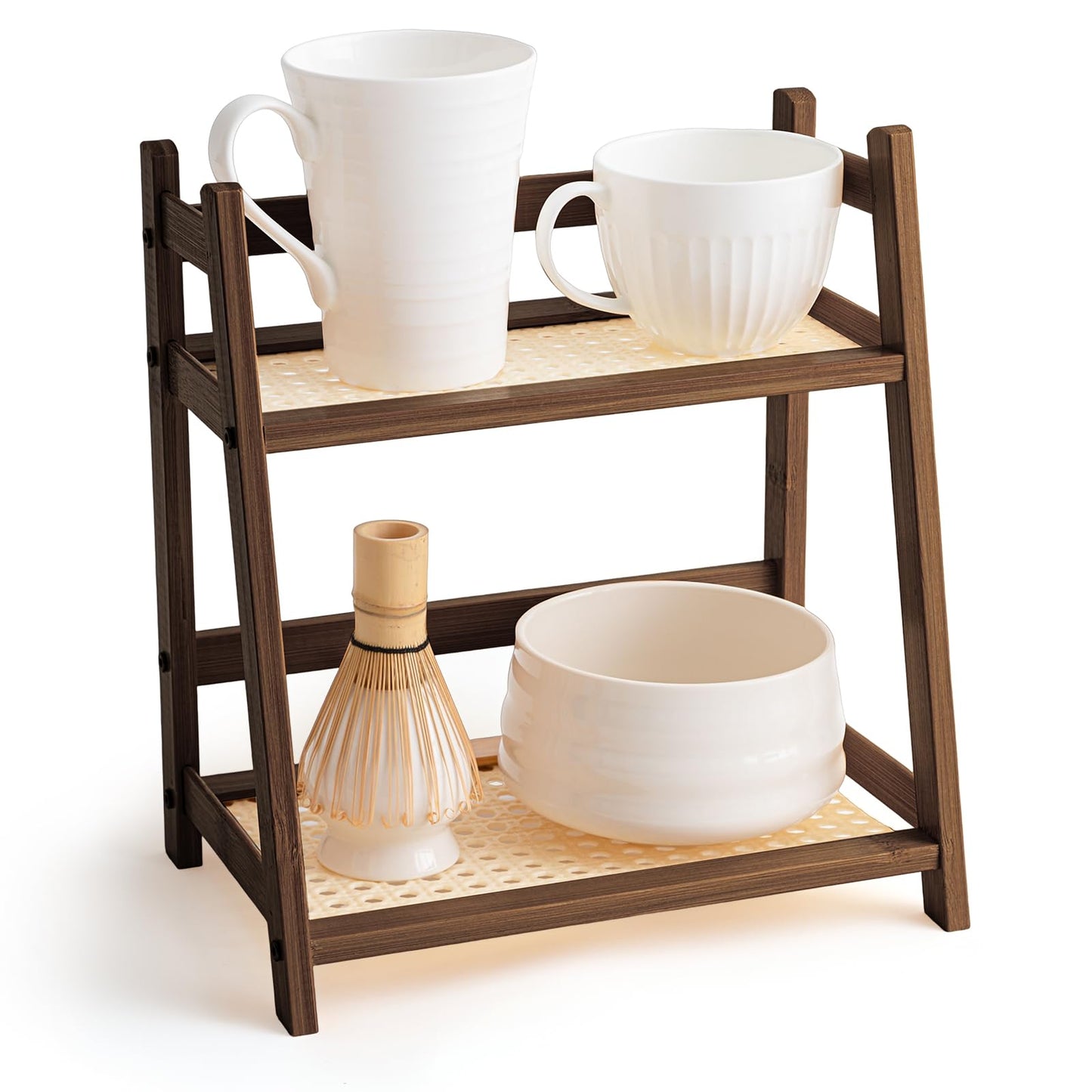 Yalikop 1 Pcs 2 Tier Matcha Station Shelf Bamboo Coffee Mug Stand Countertop Storage Rack, Double Layer Rattan Office Cup, Kitchen, Tea, Plant, Bar Accessories Condiment Display(Brown,10.2 Inch)