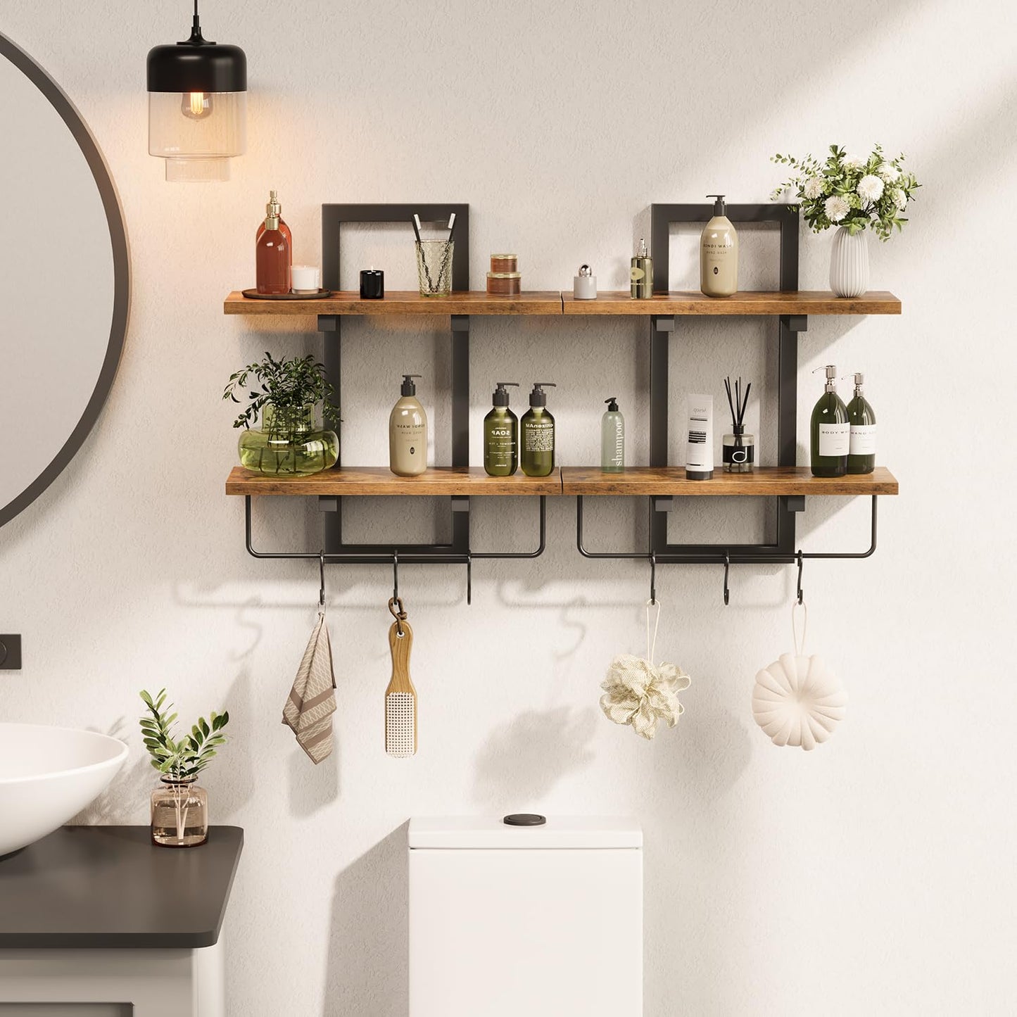 Creso hom Floating Shelves for Wall Set of 2, Wood Wall Shelf with 6 Hooks, 2 Tier Hanging Decorative Storage Shelves for Living Room Bedroom Bathroom Kitchen Office Coffee Bar, Rustic Brown