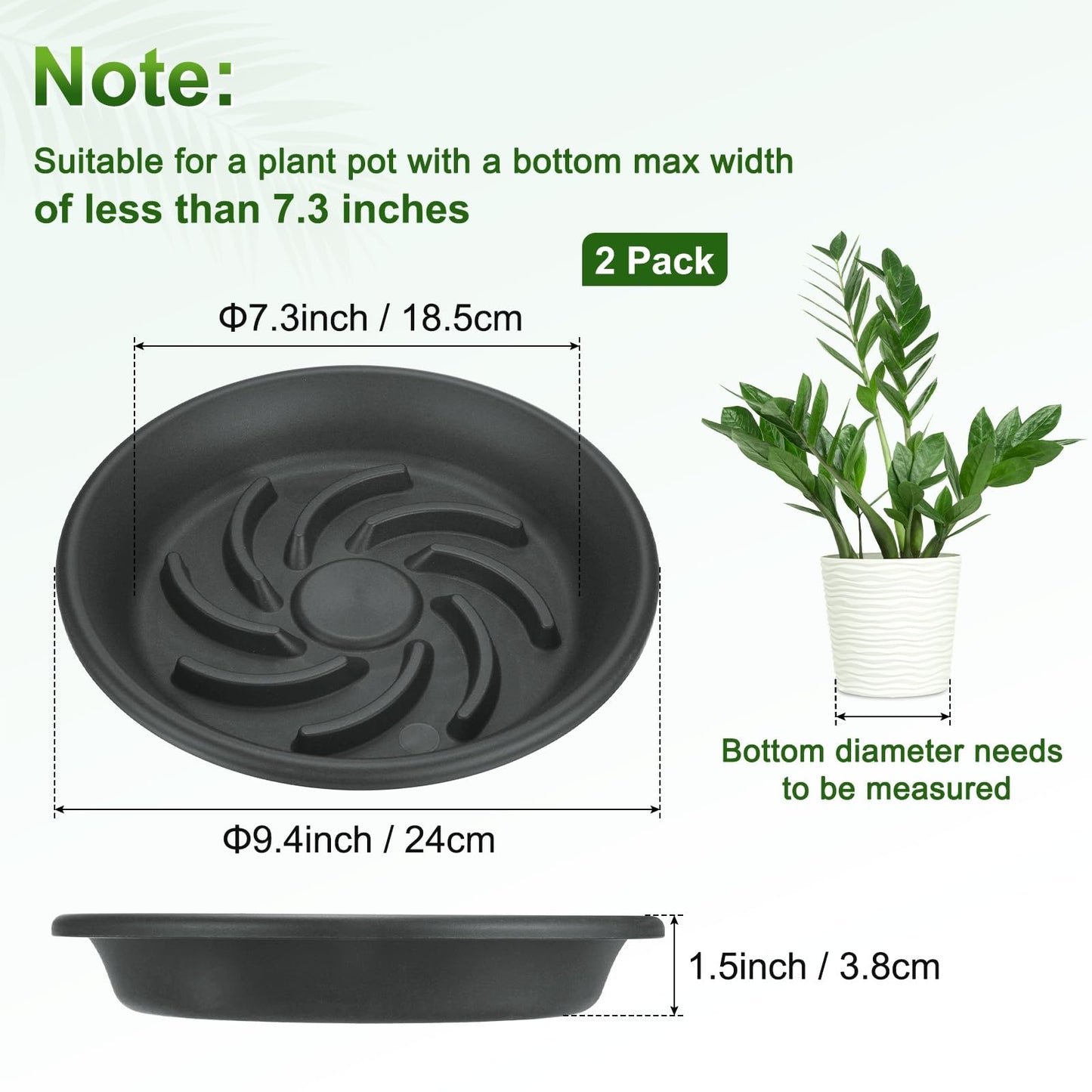 M METERXITY 2-Pack Plant Saucers, 7.3 Inch ID Anti-Rot Root Resin Flower Pot Plant Saucers for Indoor/Outdoor, Flowerpot Drip Tray [9.4 Inch OD, Gray Black]