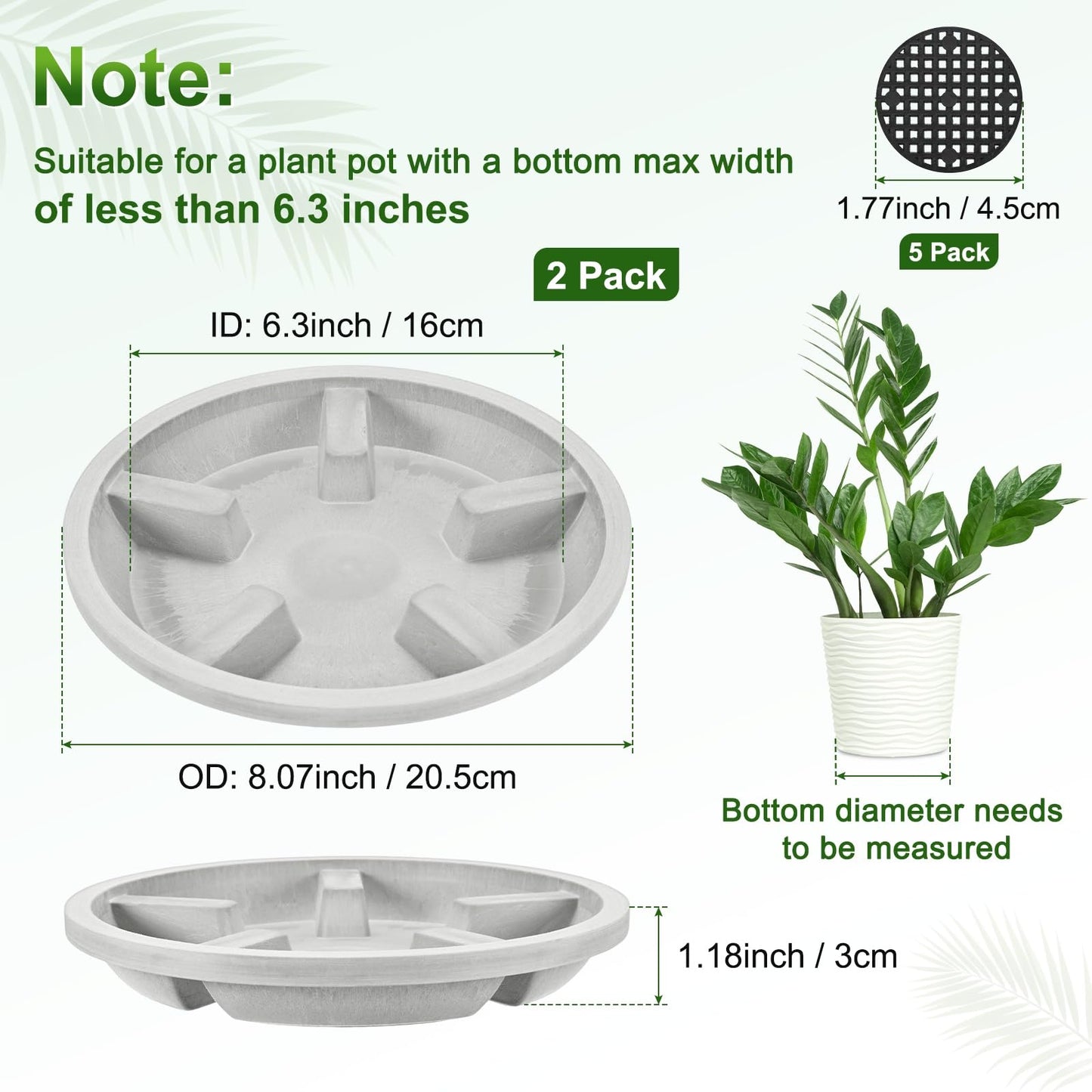 M METERXITY 2-Pack Plant Saucer, 6.3 Inch/16 cm Plastic Plant Trays Thicker for Pots/Indoor/Outdoor/Water Drainage and Protection, Flowerpot Drip Tray [Gray Veins]