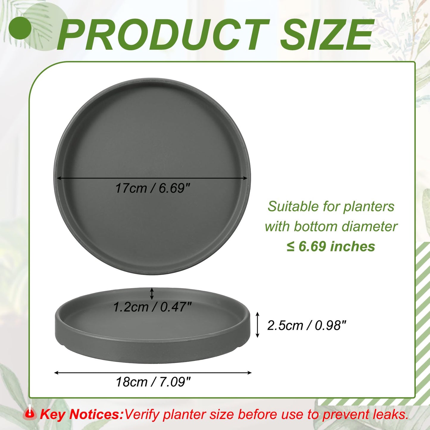 YELARXI 6.7 Inch Ceramic Plant Saucers, Round Flower Planter Water Trays Ceramic Plant Saucer Pot Tray -Fitting for (Outdoor/Indoors/Garden/Planting/Water/Flower/Coffee) Dark Gray